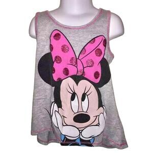 S Disney Gray Sleeveless Racerback Swing Tee Minnie Mouse Hot Pink Polka Dot Bow